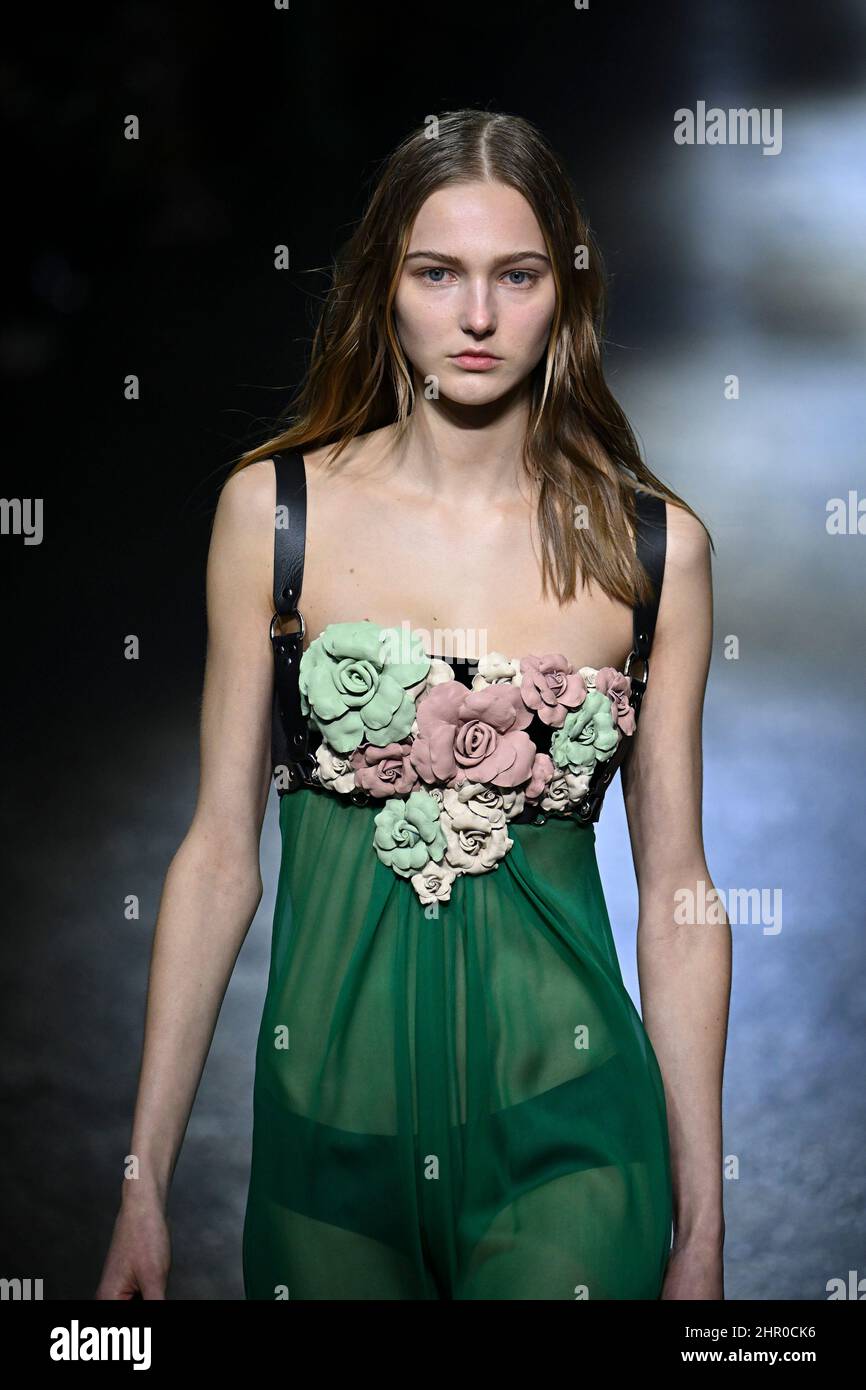 Milan, Italy. 23rd Feb, 2022. A model walks on the runway at the ...