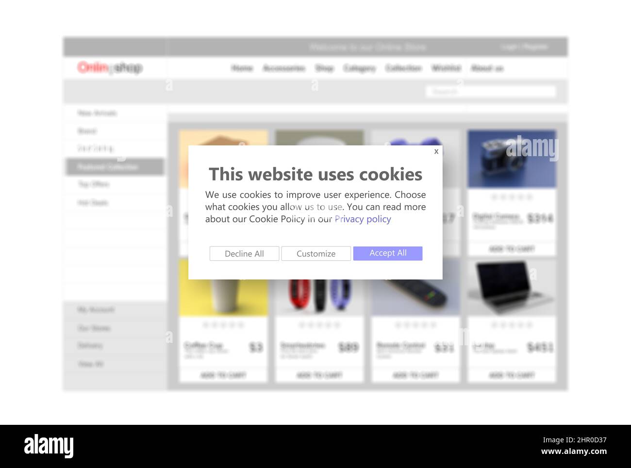 Cookie policy information message, manage cookies. Website ask user permission for personal data use. Accept all, decline all or customize Stock Photo