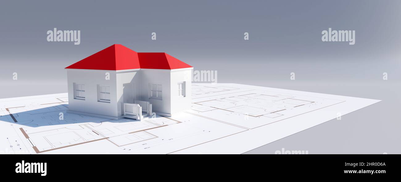 Architecture construction design, blueprint plan. House building model with red roof on architectural drawing, copy space. 3d render Stock Photo