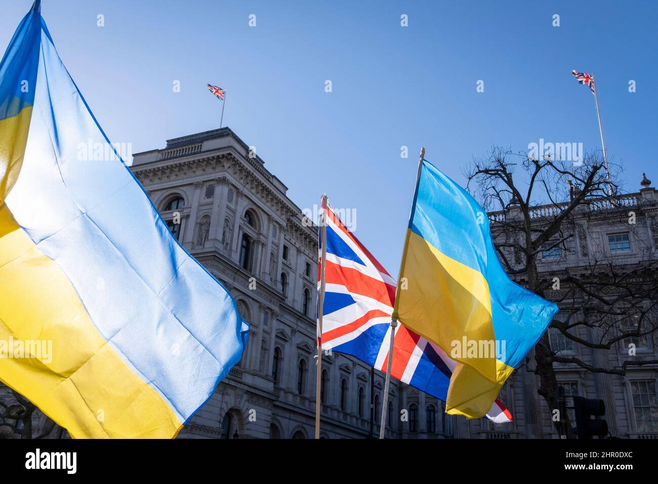 Following Russia’s invasion of Ukraine overnight, Ukrainians protest with their national flag and the British Union Jack opposite Downing Street, on 24th February 2022, in London, England. Stock Photo