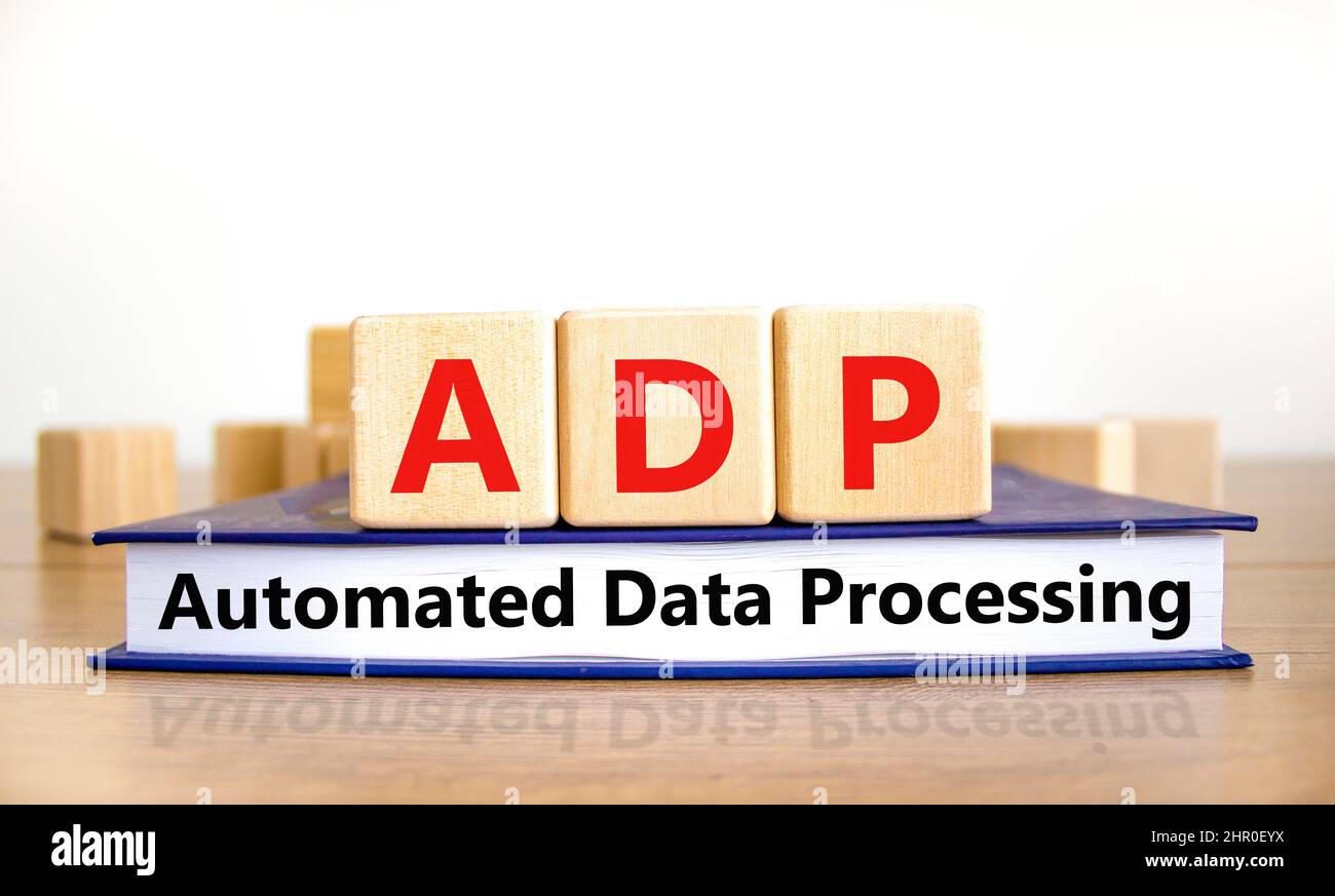 ADP automated data processing symbol. Concept words ADP automated data processing on cubes on
