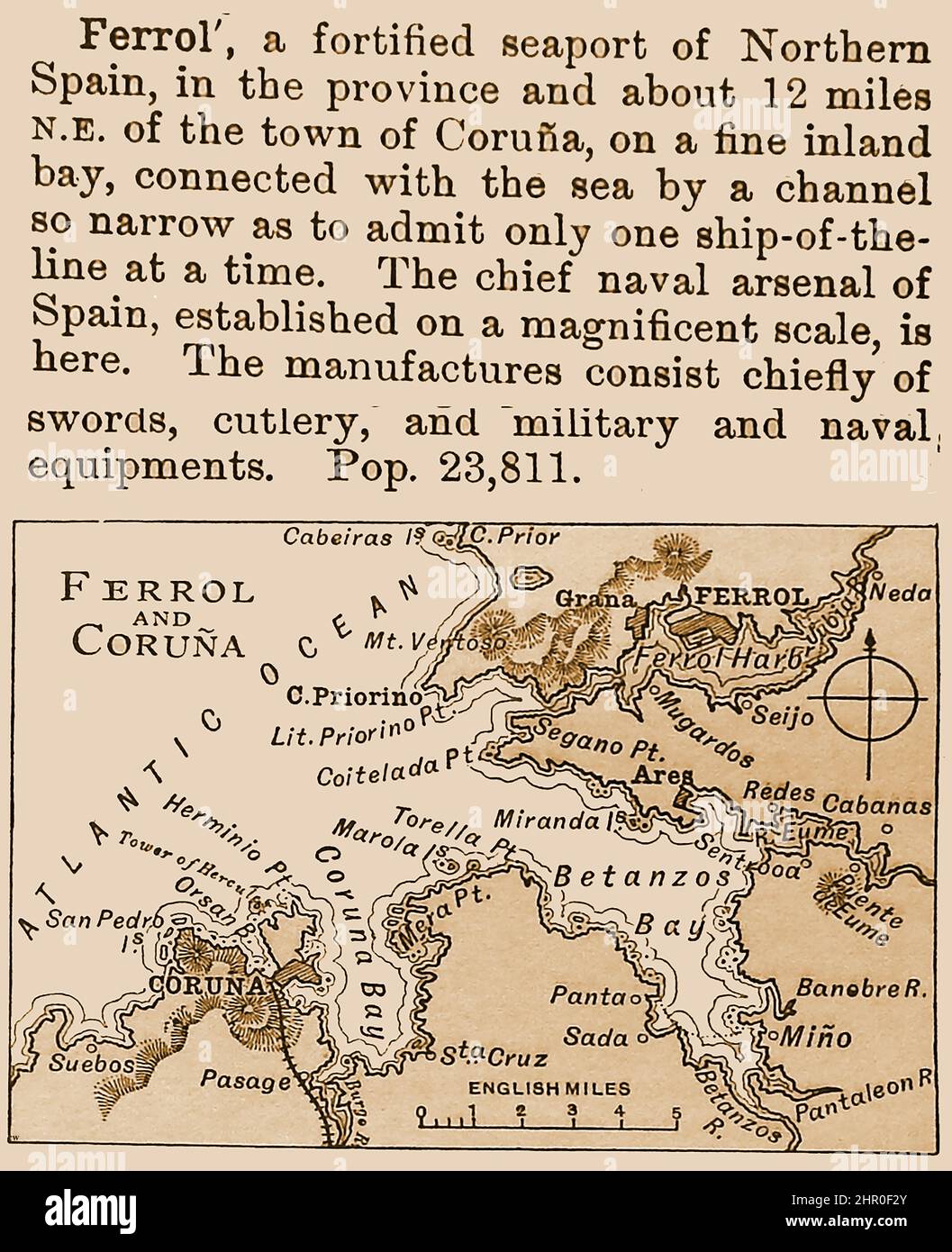 An 1896 gazetteer entry for Ferrol and Coruna , Spain with map and description of harbour entrance, naval arsenal, and industries (swords, cutlery. military and navy equipment) Stock Photo