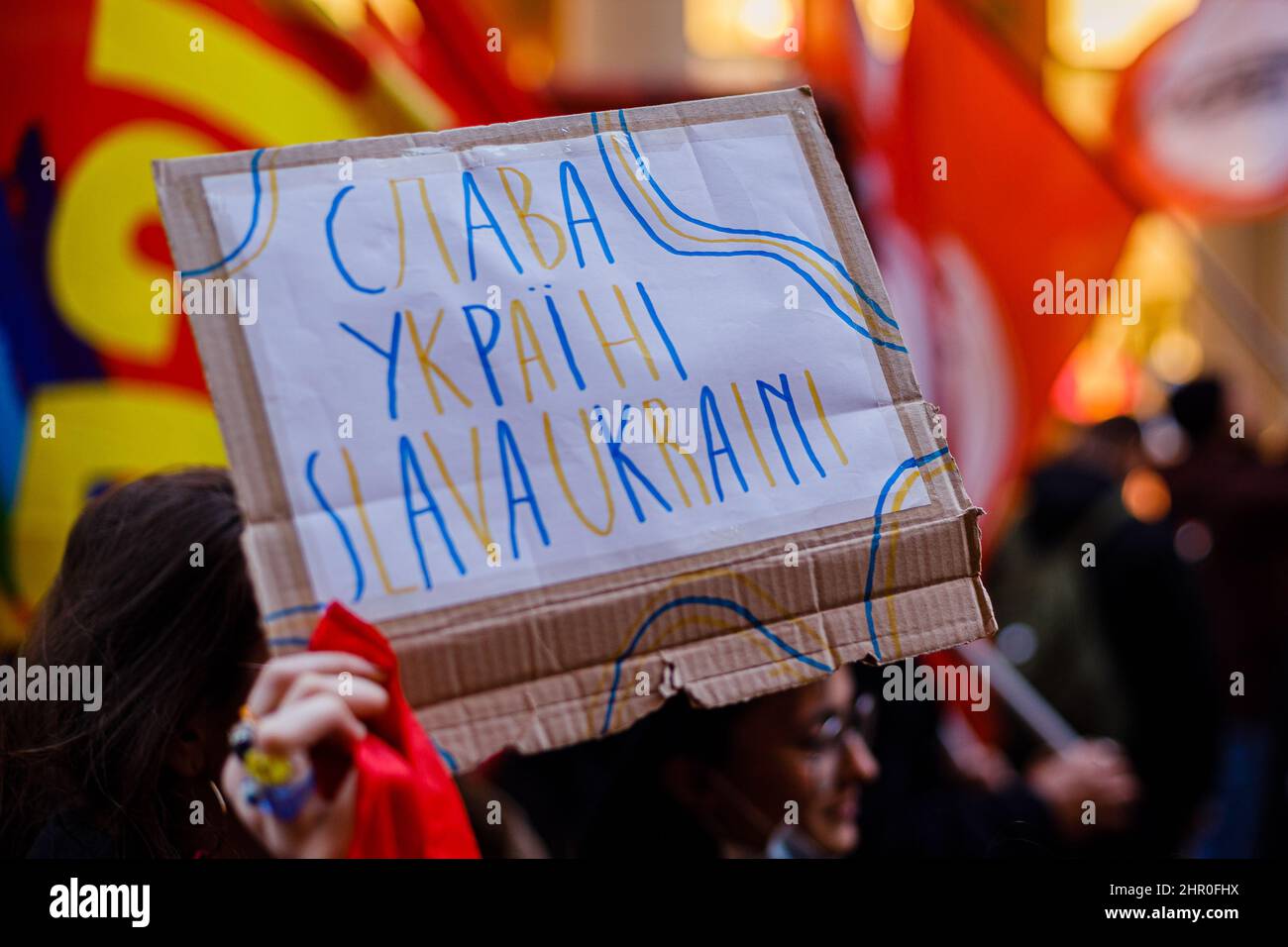 Bologna, ITALY. February 24, 2022. Protesters in Bologna (Italy) Demonstrate Against Russian Invasion Of Ukraine Credit: Massimiliano Donati/Alamy Live News Stock Photo