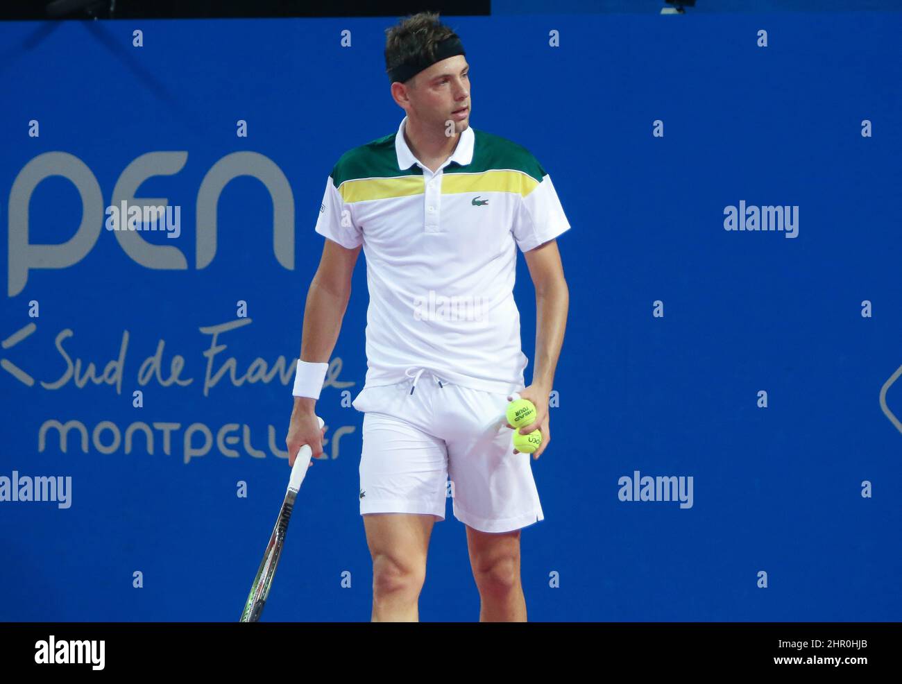 Filip Krajinovic of Serbia in action against Damir Dzumhur of  Bosnia-Herzegovina during the Open Sud de France 2022, ATP 250 tennis  tournament on February 4, 2022 at Sud de France Arena in