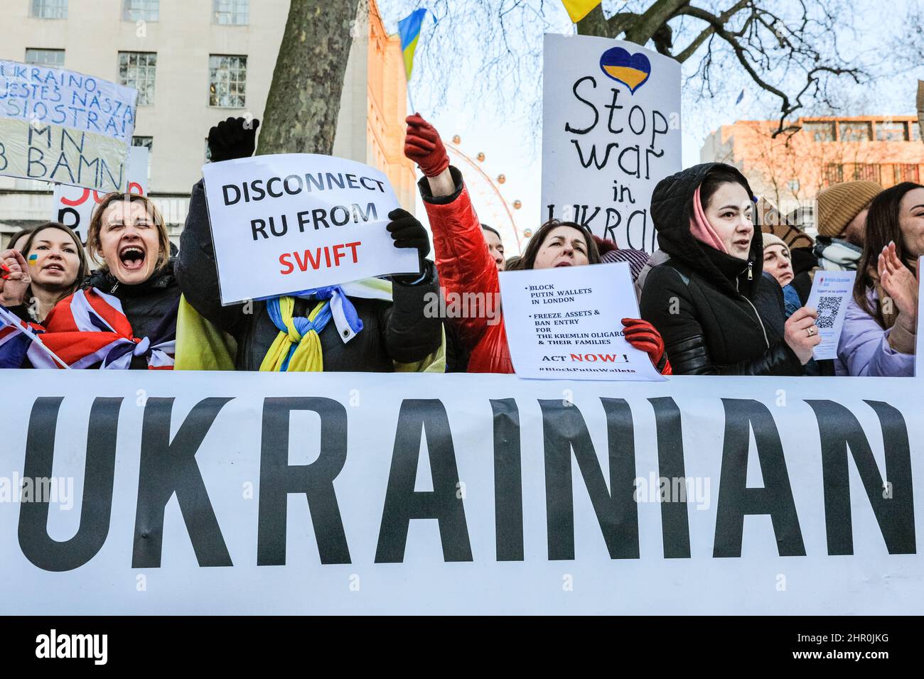 London, UK. 24th Feb, 2022. The crowd cheers as a speaker confirms further sanctions against Russia have been announced by the British government. Several hundred people rally and protest opposite Downing Street in London against Russia's aggression in Ukraine this evening. Credit: Imageplotter/Alamy Live News Stock Photo