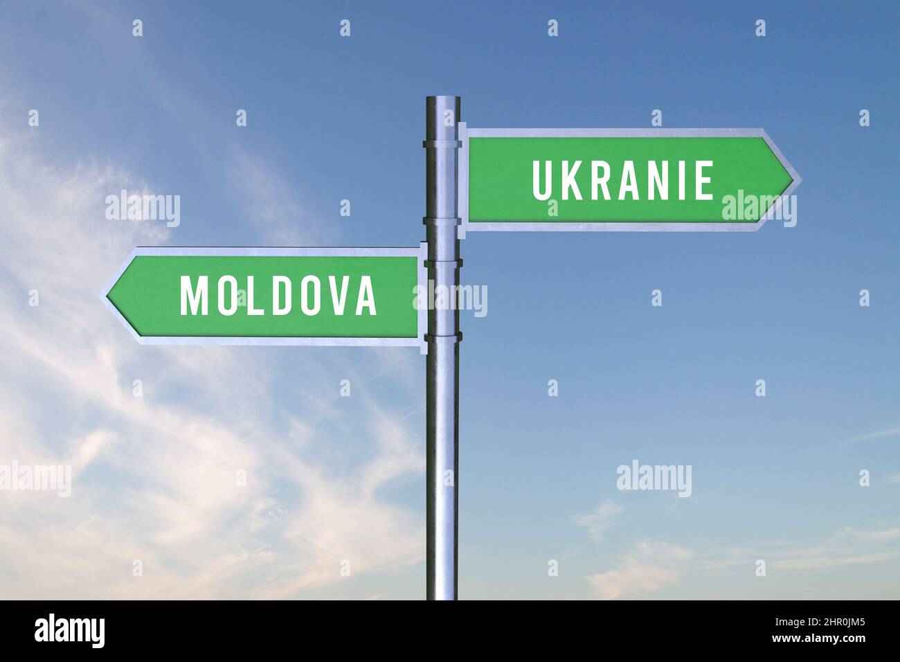 Sign indicating the direction of the borders between two countries MOLDOVA , UKRANIE 3d render WAR. Stock Photo