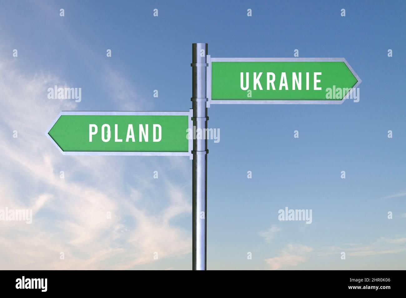 Sign indicating the direction of the borders between two countries POLAND,UKRANIE  3d render WAR. Stock Photo