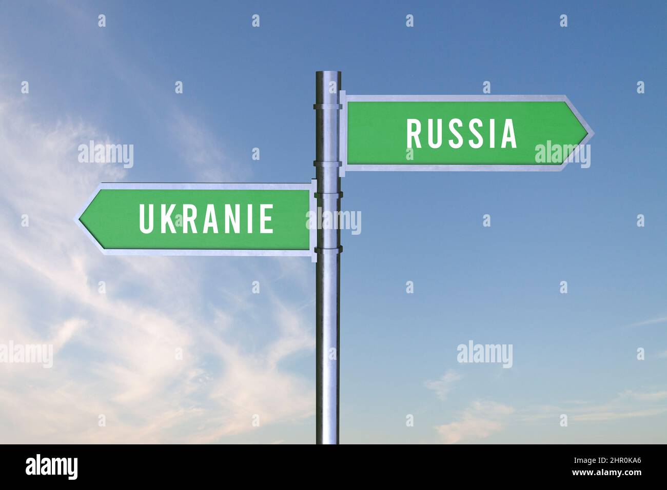 Sign indicating the direction of the borders between two countries  RUSSIA,UKRANIE  3d render WAR. Stock Photo