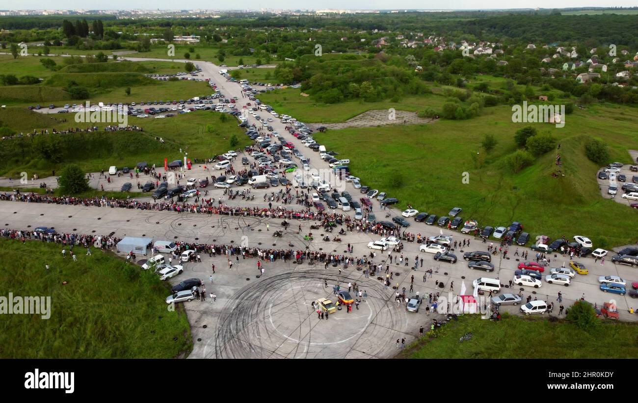 Drag recing. Car competition. Many people cars. Top view. Stock Photo