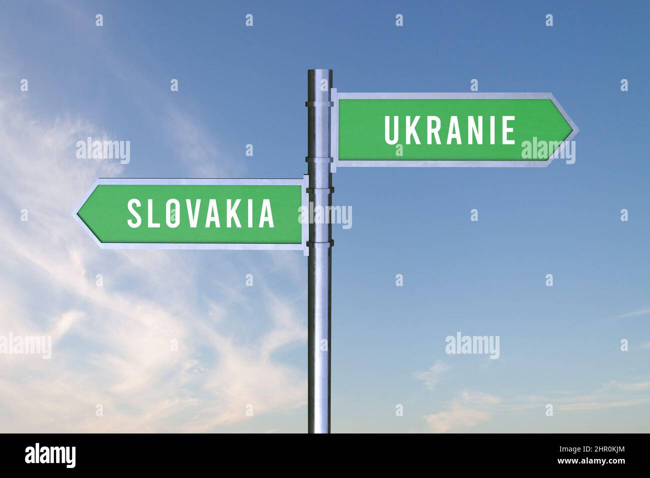Sign indicating the direction of the borders between two countries  SLOVAKIA,UKRANIE  3d render WAR. Stock Photo
