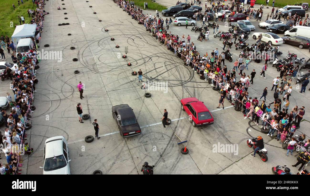 Drag recing. Car competition. Many people cars. Top view. Stock Photo