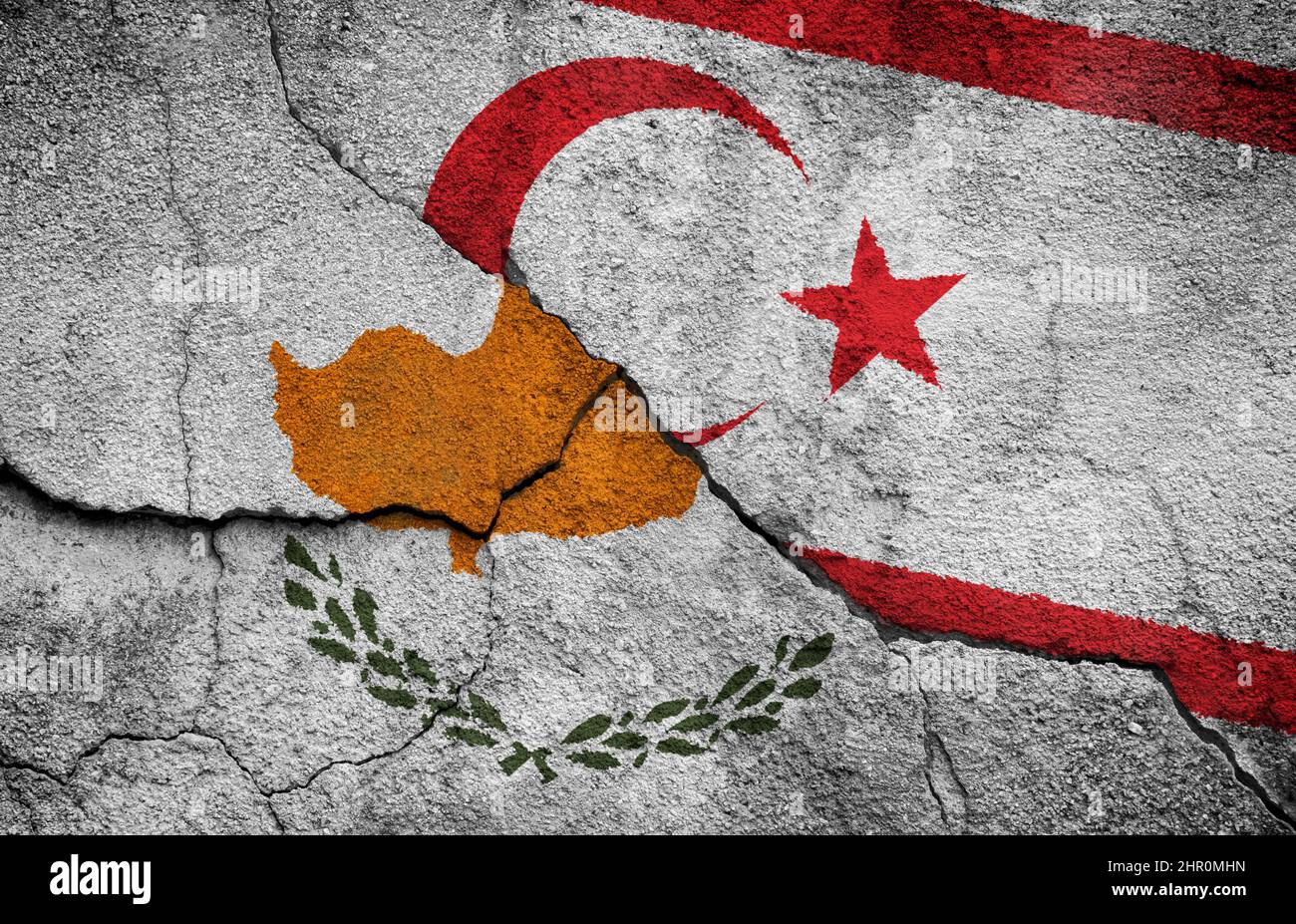 Full frame photo of weathered flags of Cyprus and Turkish Republic of ...