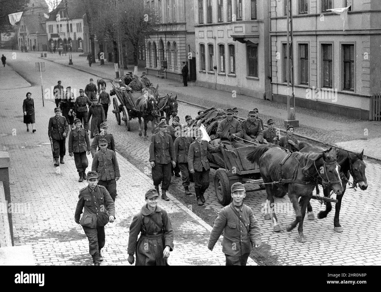 Germany World War Two 1945. German army soldiers most of them very young smiling as they return home defeated with a white surrender flag on their horse and cart. White flags can also be seen draped from some of the buidlings. Stock Photo