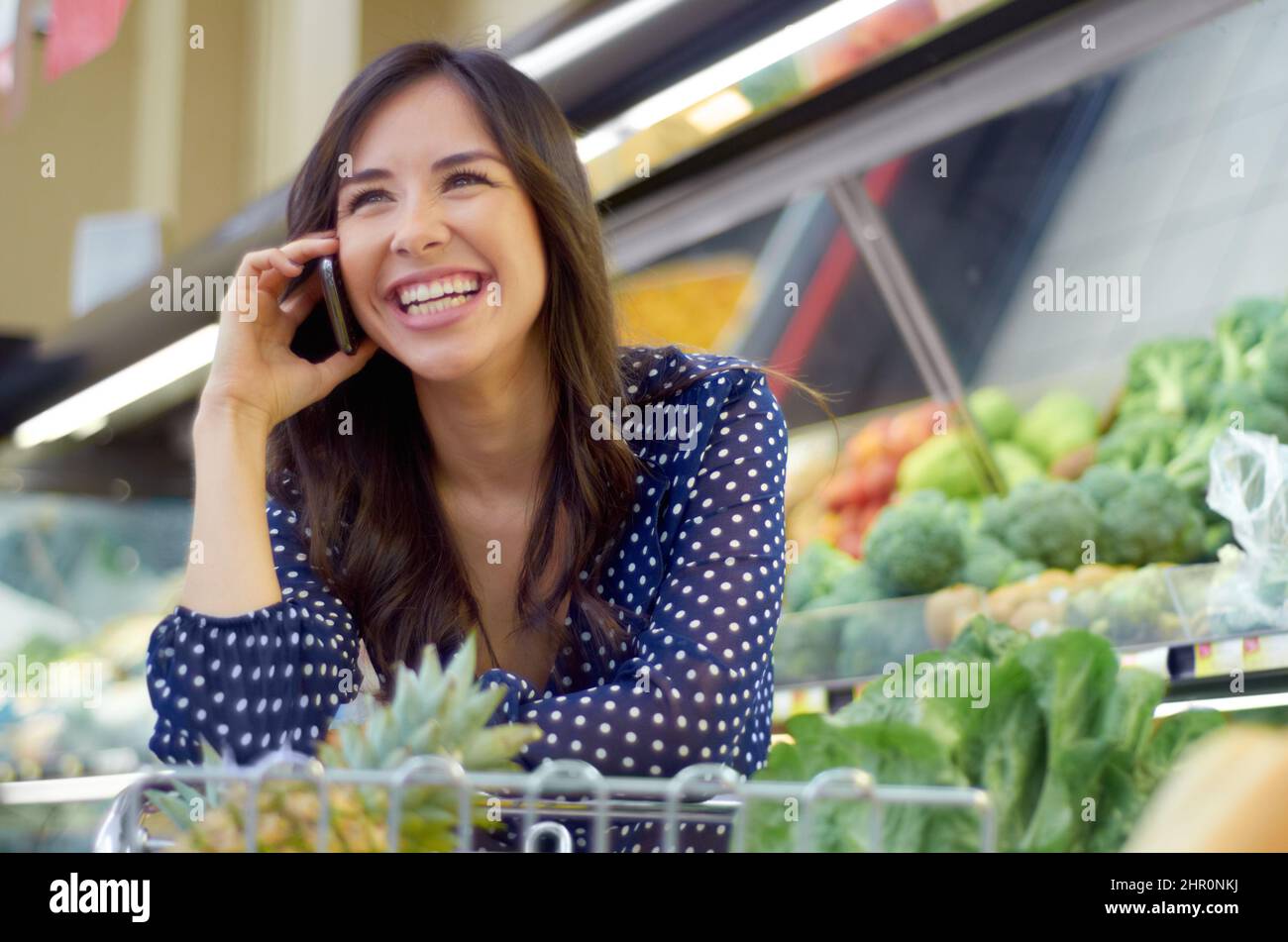 What would you like for dinner. A young woman on the phone in a grocery store. Stock Photo