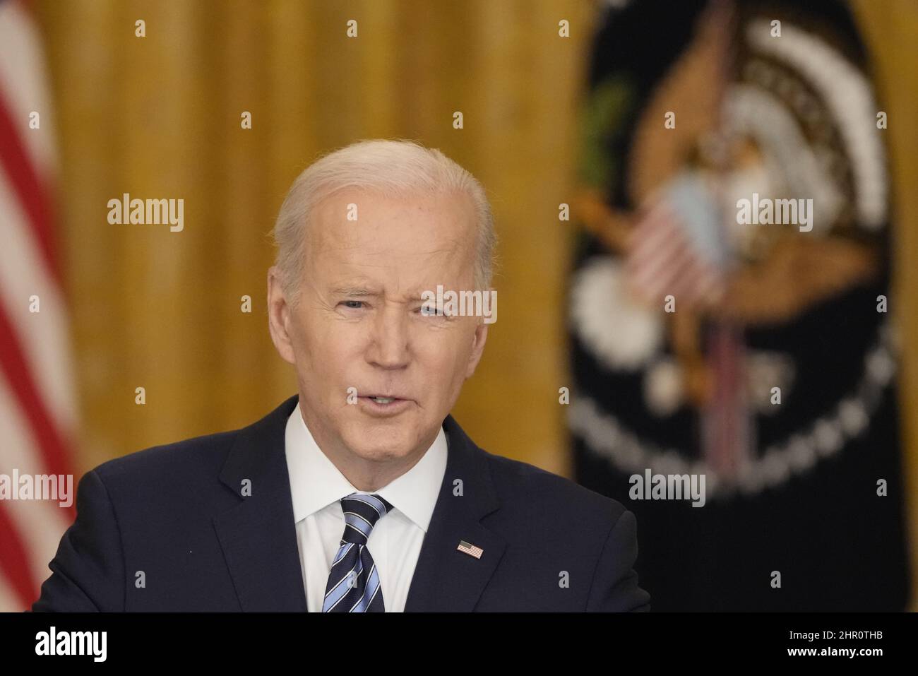 United States President Joe Biden provides an update to the American people following the Russian invasion of Ukraine from the East Room of the White House in Washington, DC on Thursday, February 24, 2022. Credit: Chris Kleponis/CNP /MediaPunch Stock Photo