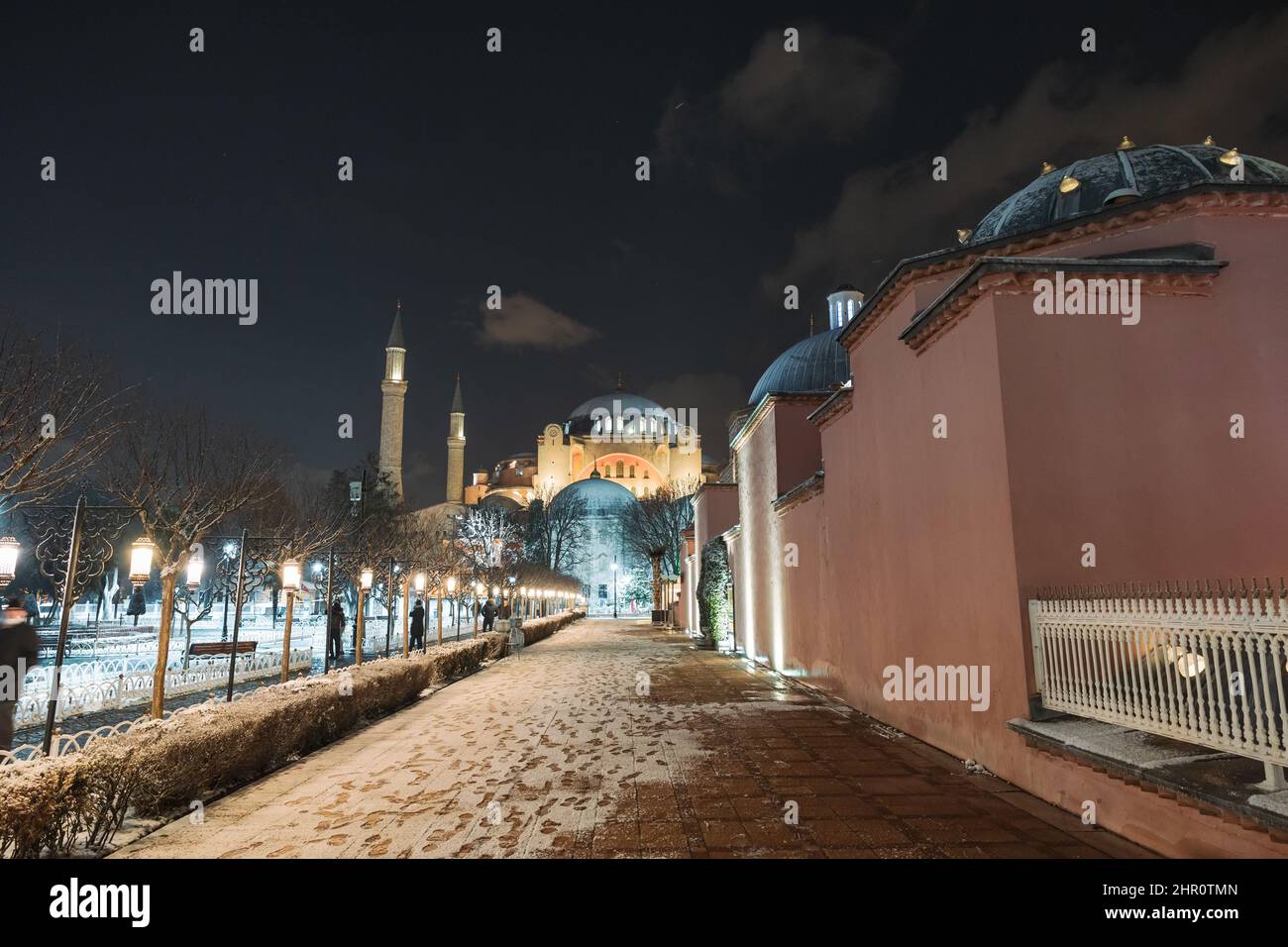 Istanbul in winter. Hagia Sophia and snowy weather at night Stock Photo ...