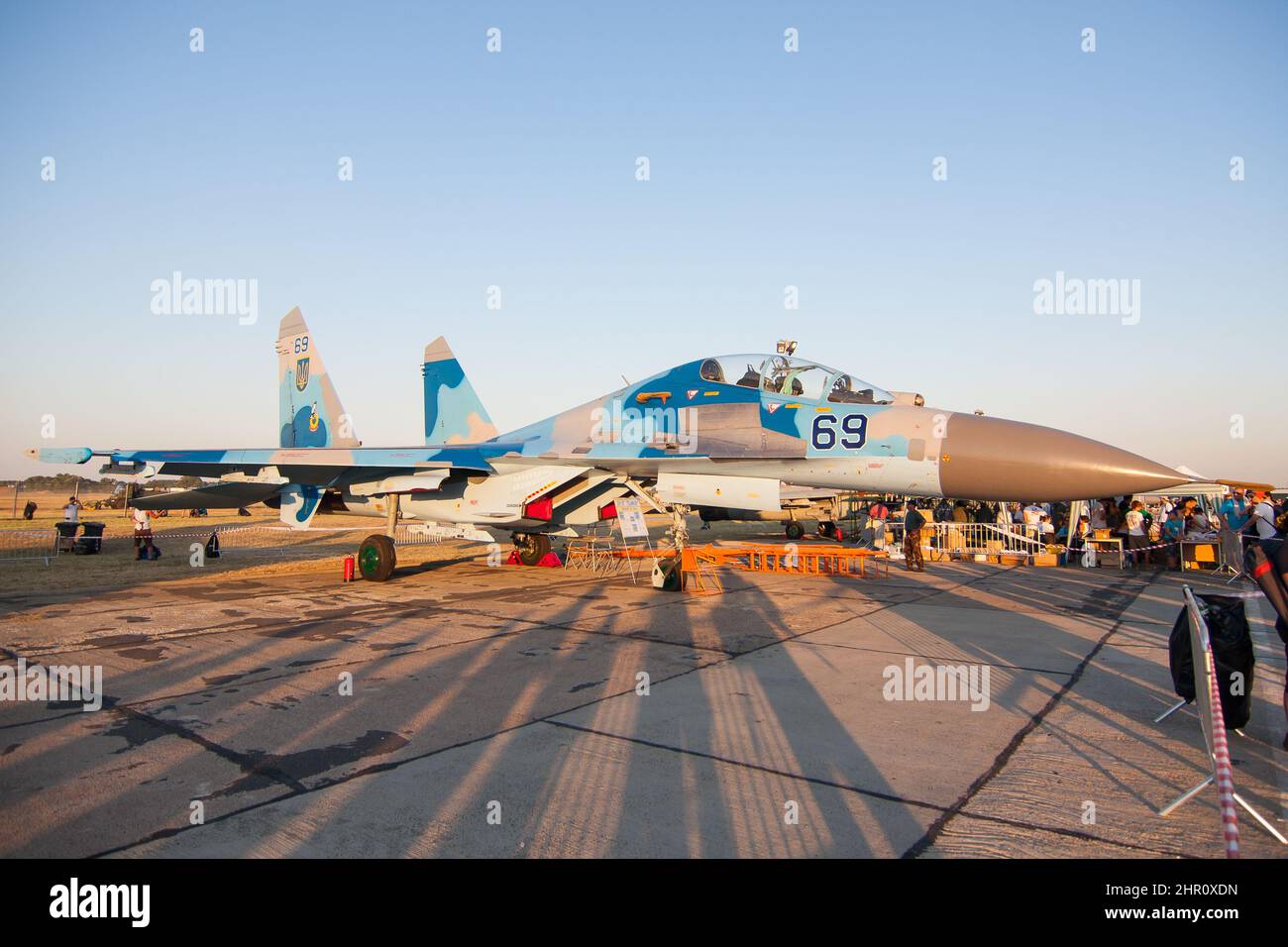 Ukrainian Air Force Sukhoi SU-27 military fighter jet on the ground at an airshow Stock Photo