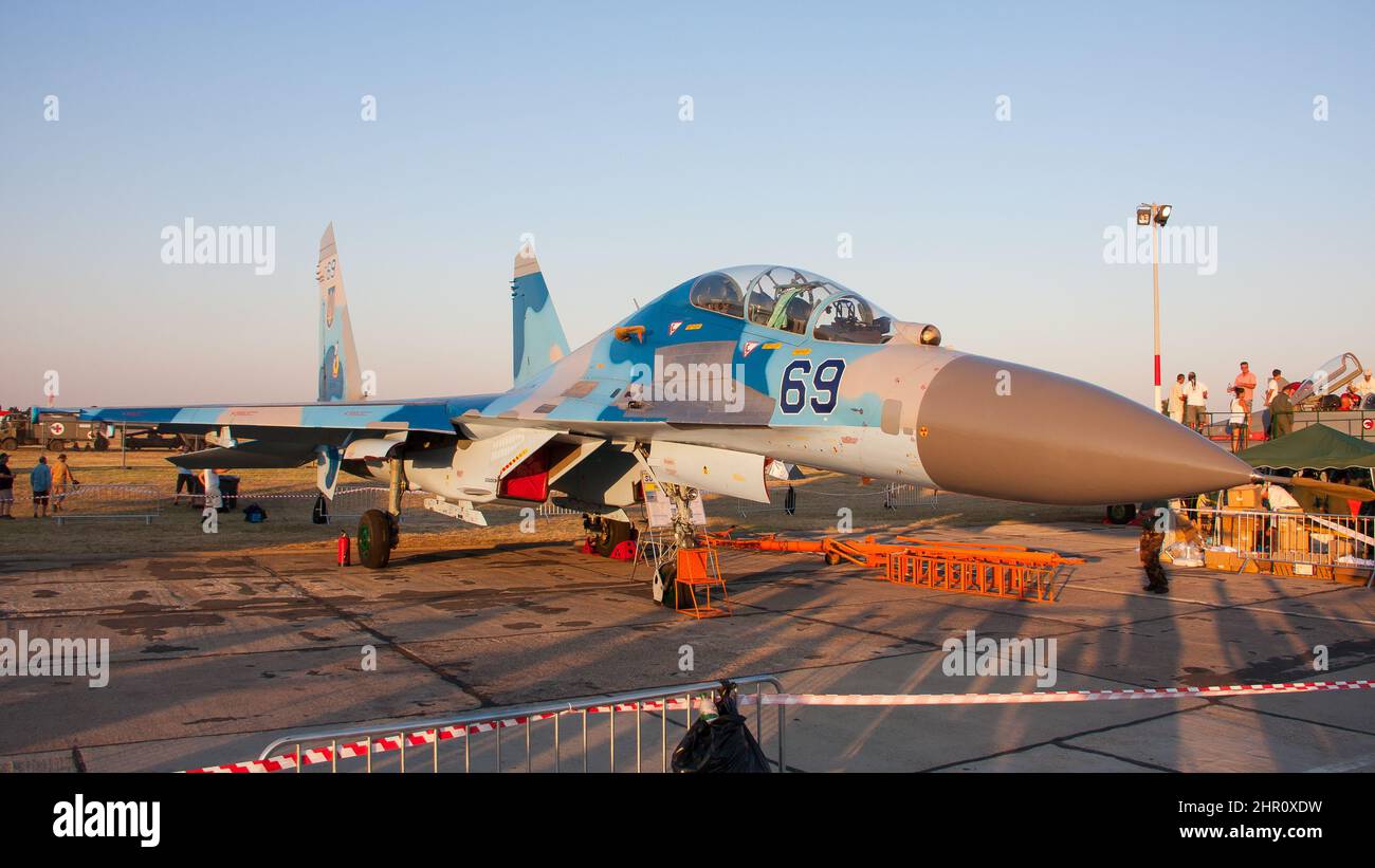 Ukrainian Air Force Sukhoi SU-27 military fighter jet on the ground at an airshow Stock Photo