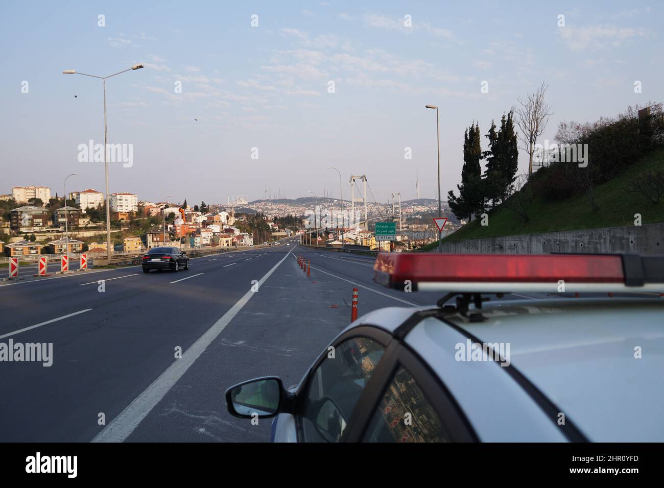 Police highway patrol before bosphorus bridge Istanbul Turkey Stock Photo