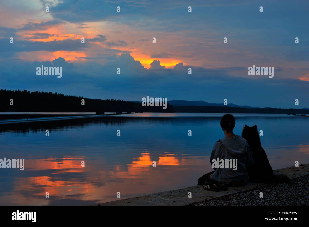 Woman with her dog sitting on the riverbank at dusk. Unrecognisable person. Stock Photo