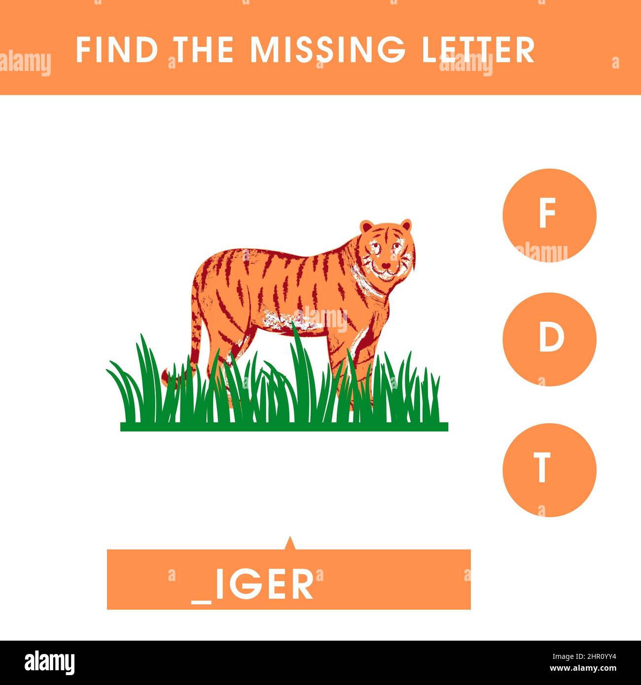 Find the missing letter. English grammar game for preschoolers. Spelling worksheet for kids with cute orange tiger. Stock Photo