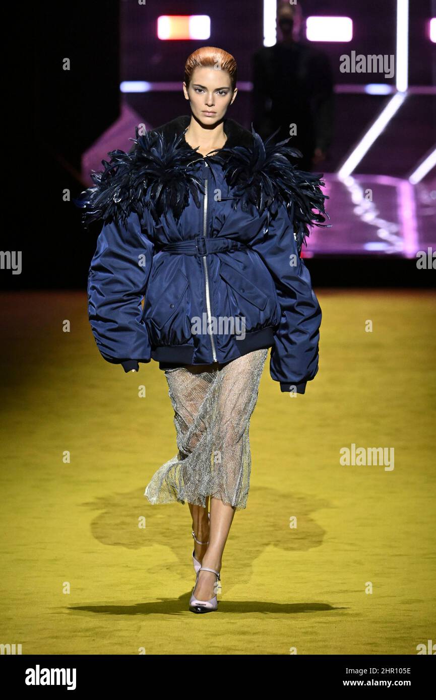 Milan, Italy. 24th Feb, 2022. Model Kendall Jenner walks on the runway at  the Prada fashion show during Fall Winter 2022 Collections Fashion Show at  Milan Fashion Week in Milan, Italy on
