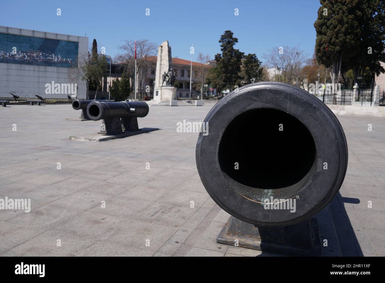 Old cannons in the town square Stock Photo