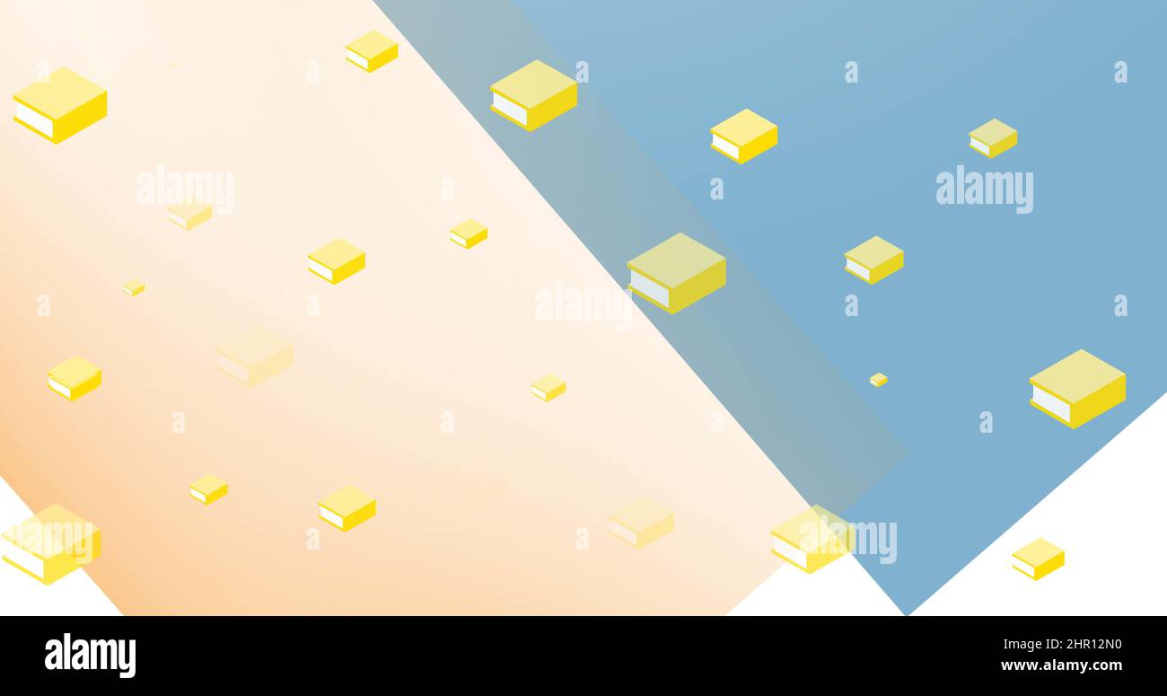 Image of yellow books appearing and disappearing on blue, orange and white Stock Photo