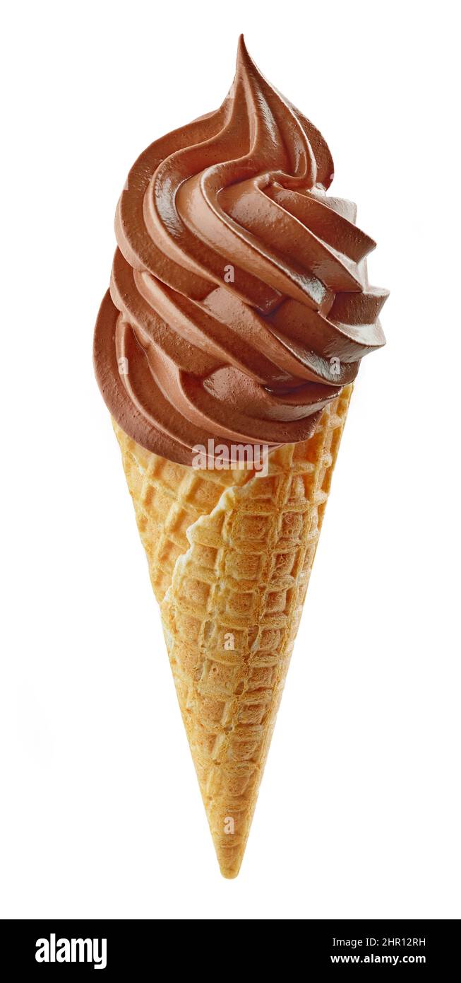 soft chocolate ice cream in waffle cone isolated on white background