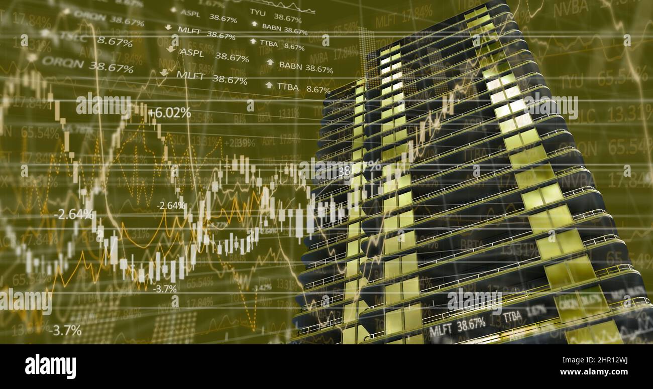 Image of financial data processing over building Stock Photo - Alamy