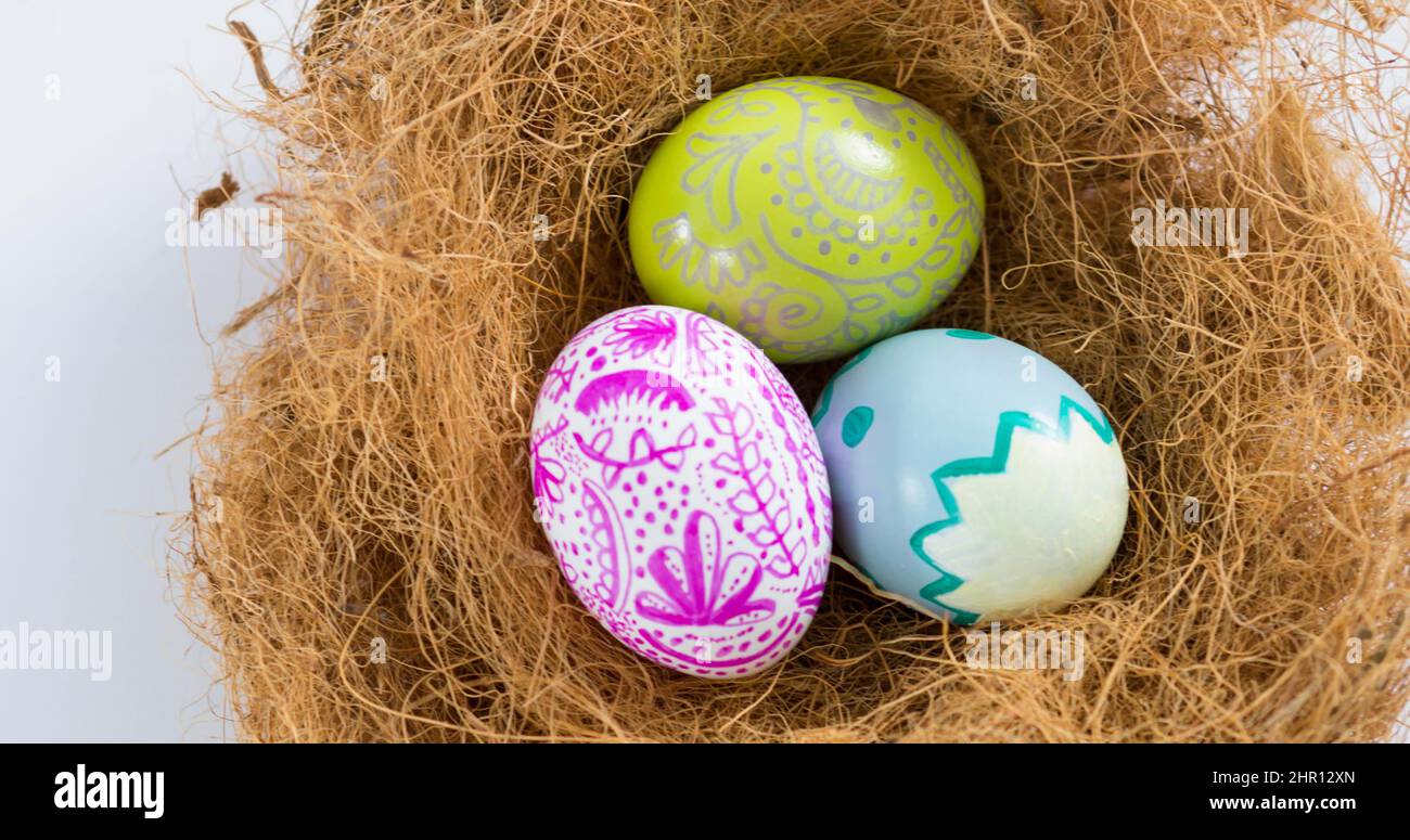Image of easter eggs in nest on white background Stock Photo - Alamy