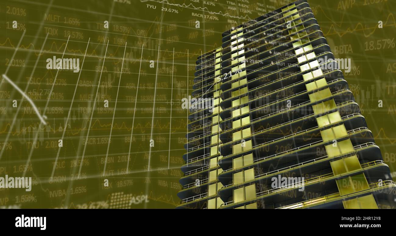 Image of financial data processing over building Stock Photo - Alamy