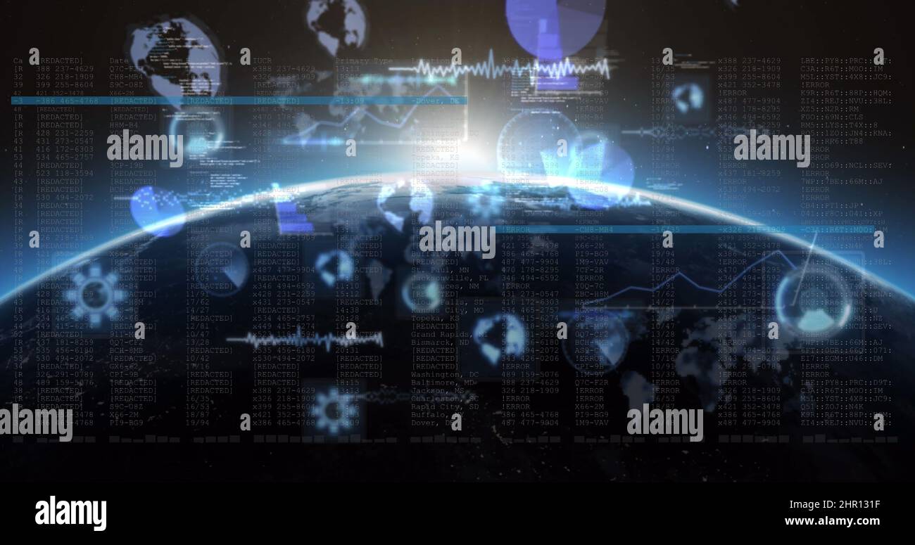 Image of data processing on screens over glowing star and planet earth ...