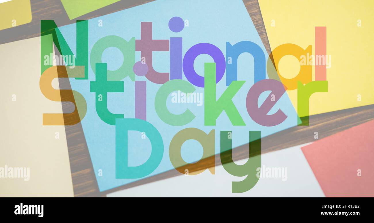 Image of national sticker day in multi coloured letters over memo notes Stock Photo