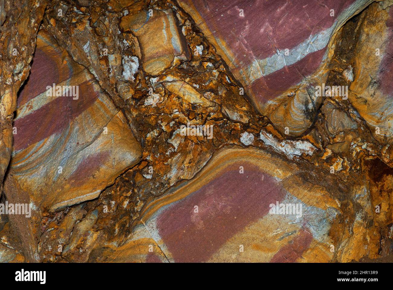Gallery wall of an iron mine in pink sandstone, Vosges du Nord Regional Nature Park, France Stock Photo