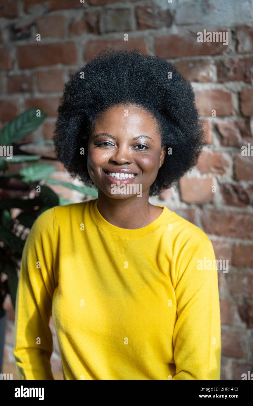 Happy African millennial woman with curly hair style wear yellow sweater looking at camera at home. Stock Photo