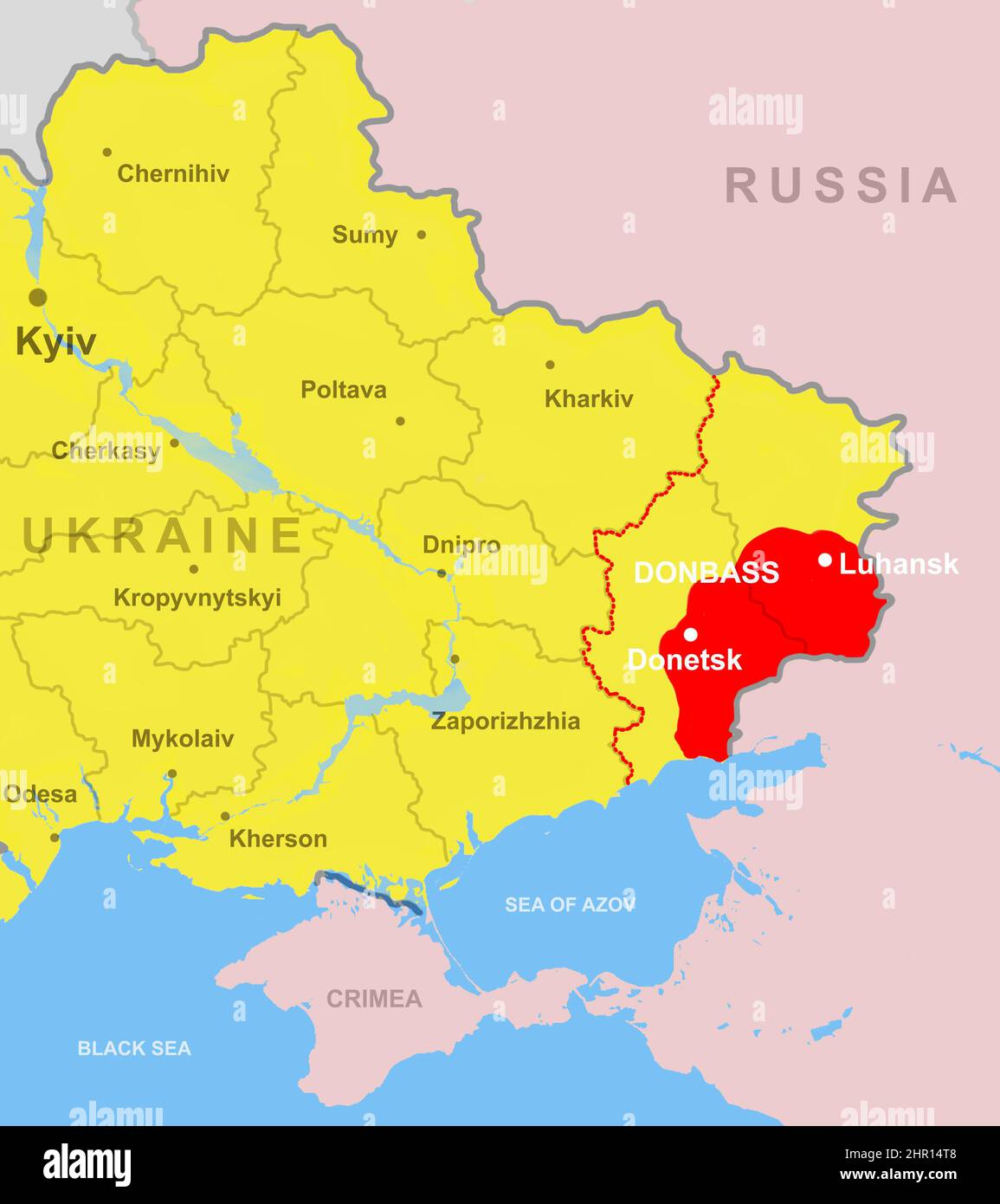 Ukraine and Donbass on Europe map. Historical borders of Donetsk and Luhansk regions and territory of its republics at beginning of war in 2022 on pol Stock Photo