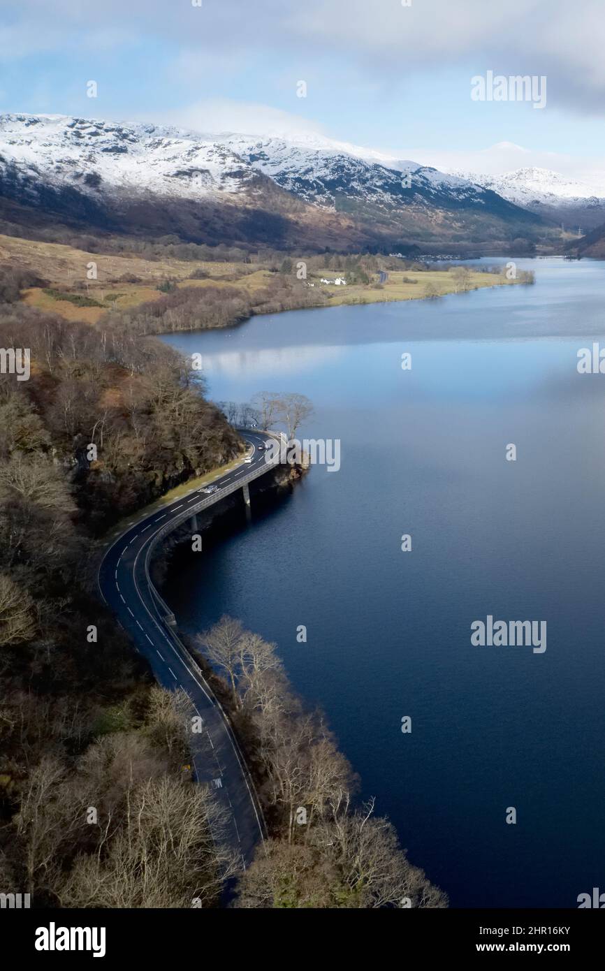 Loch Lomond aerial view showing the A82 road during autumn Stock Photo