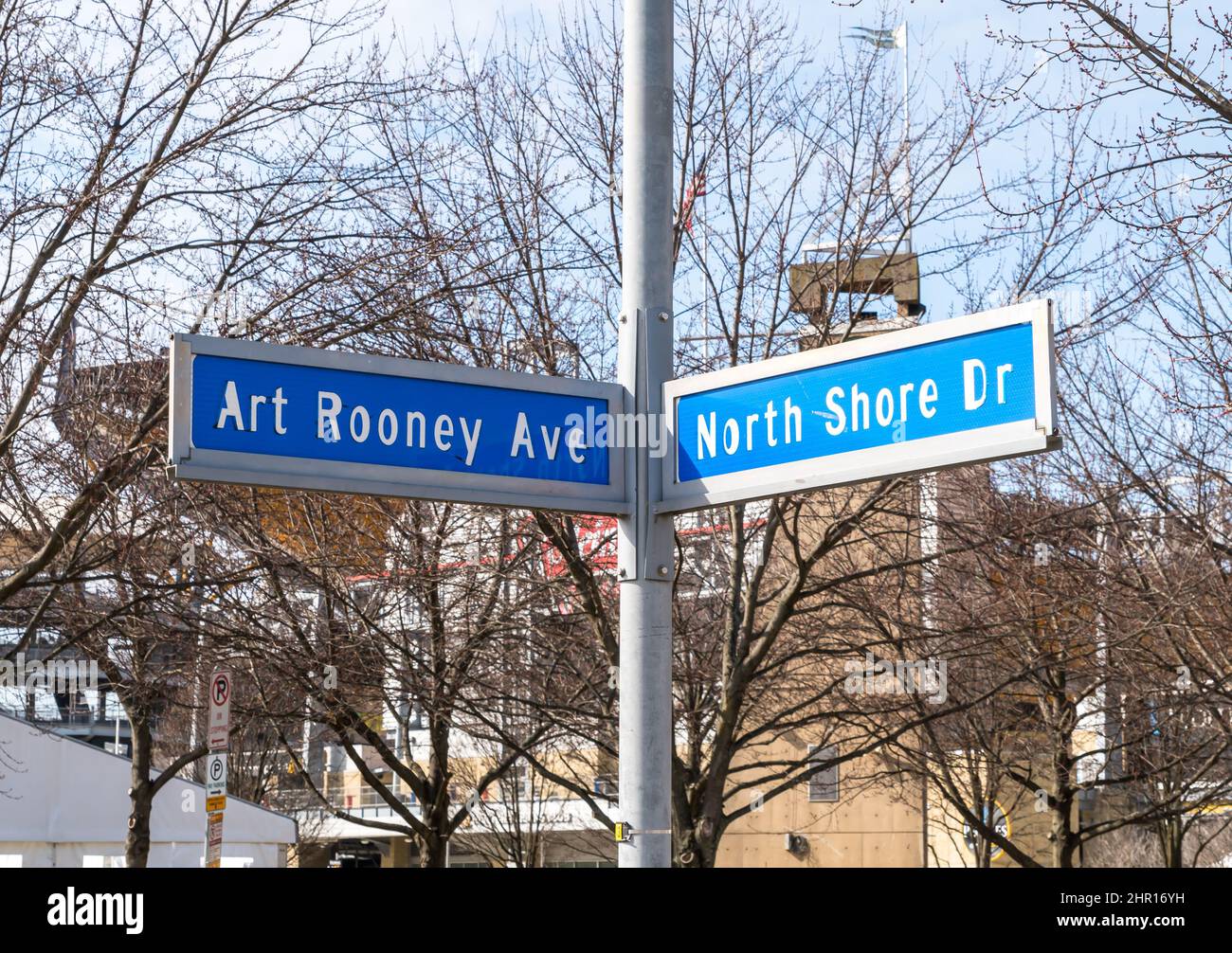 Street signs for North Shore Drive and Art Rooney Avenue outside of