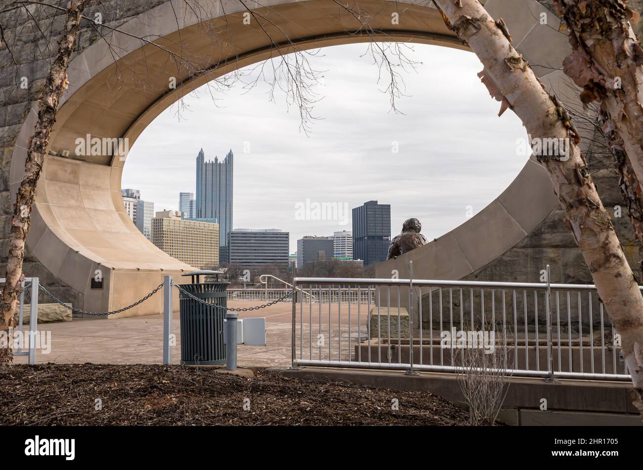 The Mr. Rogers Memorial on the Allegheny River overlooking downtown Pittsburgh, Pennsylvania, USA Stock Photo