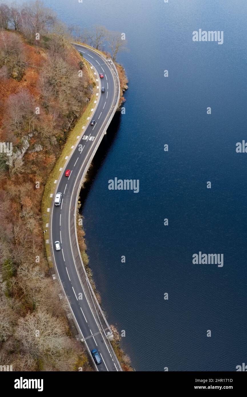 Loch Lomond aerial view showing the A82 road during autumn Stock Photo