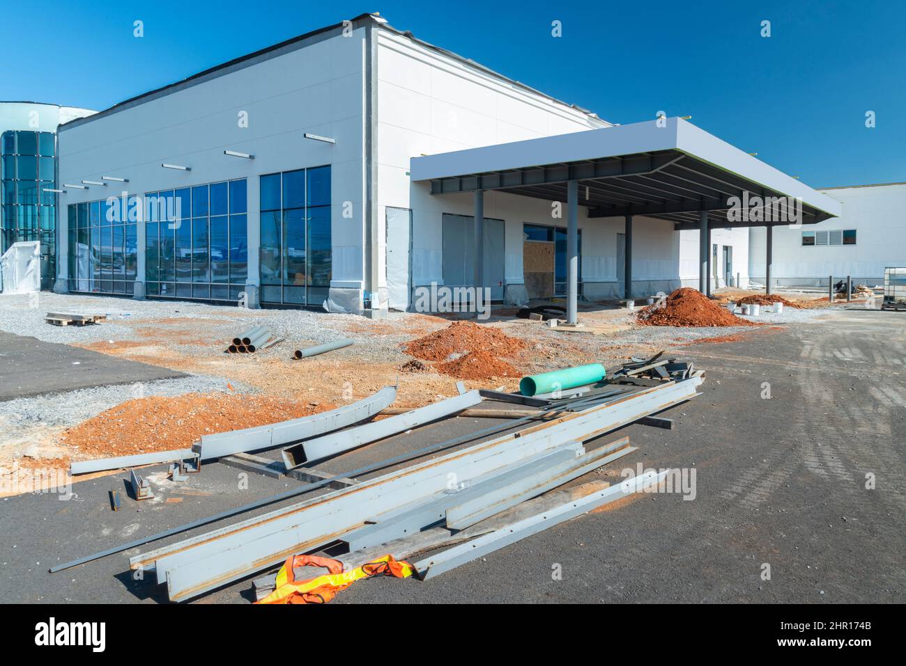Horizontal shot of a building construction site nearing completion. Stock Photo