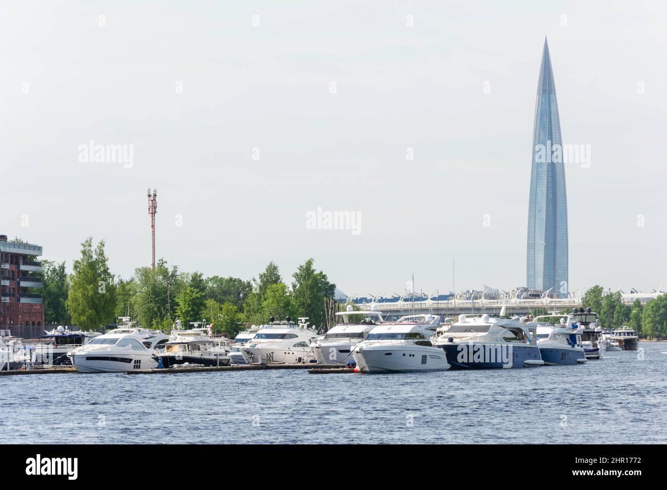 speedboat and yacht parking on the river, boat trips, Gulf of Finland, Russia, Saint Petersburg, 2021. Stock Photo