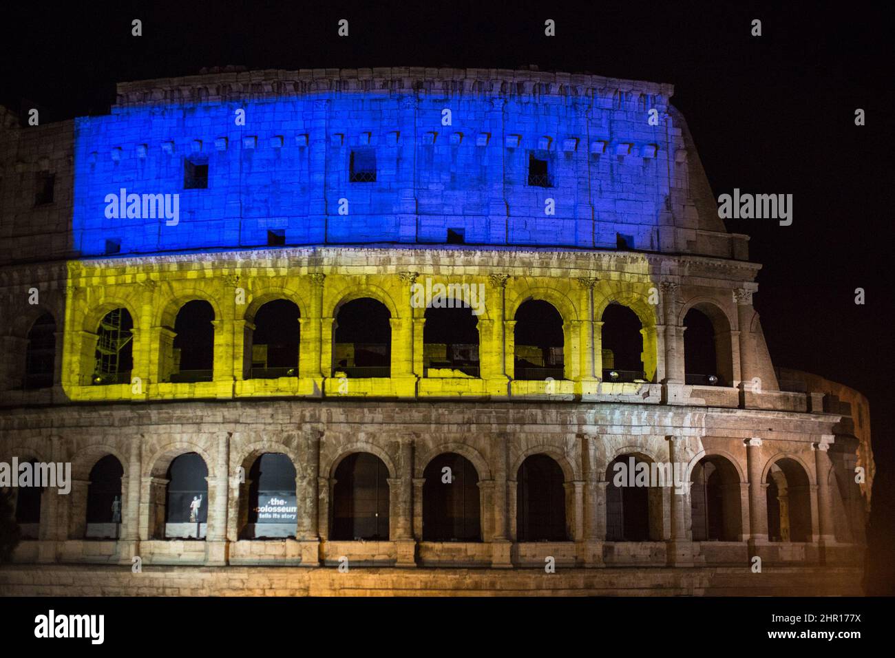 Rome Roma, Italy Italia. 24th Feb, 2022. Rome, 24th Feb, 2022. The Ukraine's flag was projected onto the walls of the Colosseum in Rome where people from the Ukrainian Community gathered to wave their flags protesting against the war against Ukraine declared early this morning by the President of the Russian, Vladimir Putin. Credit: LSF Photo/Alamy Live News Stock Photo