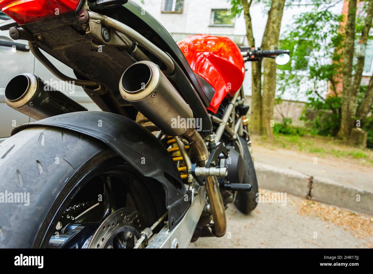Beautiful powerful motorcycle rear view, Red Gas Tank, Motorcycle rear
