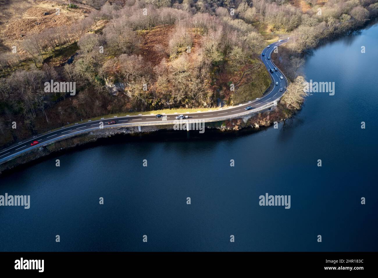 Loch Lomond aerial view showing the A82 road during autumn Stock Photo