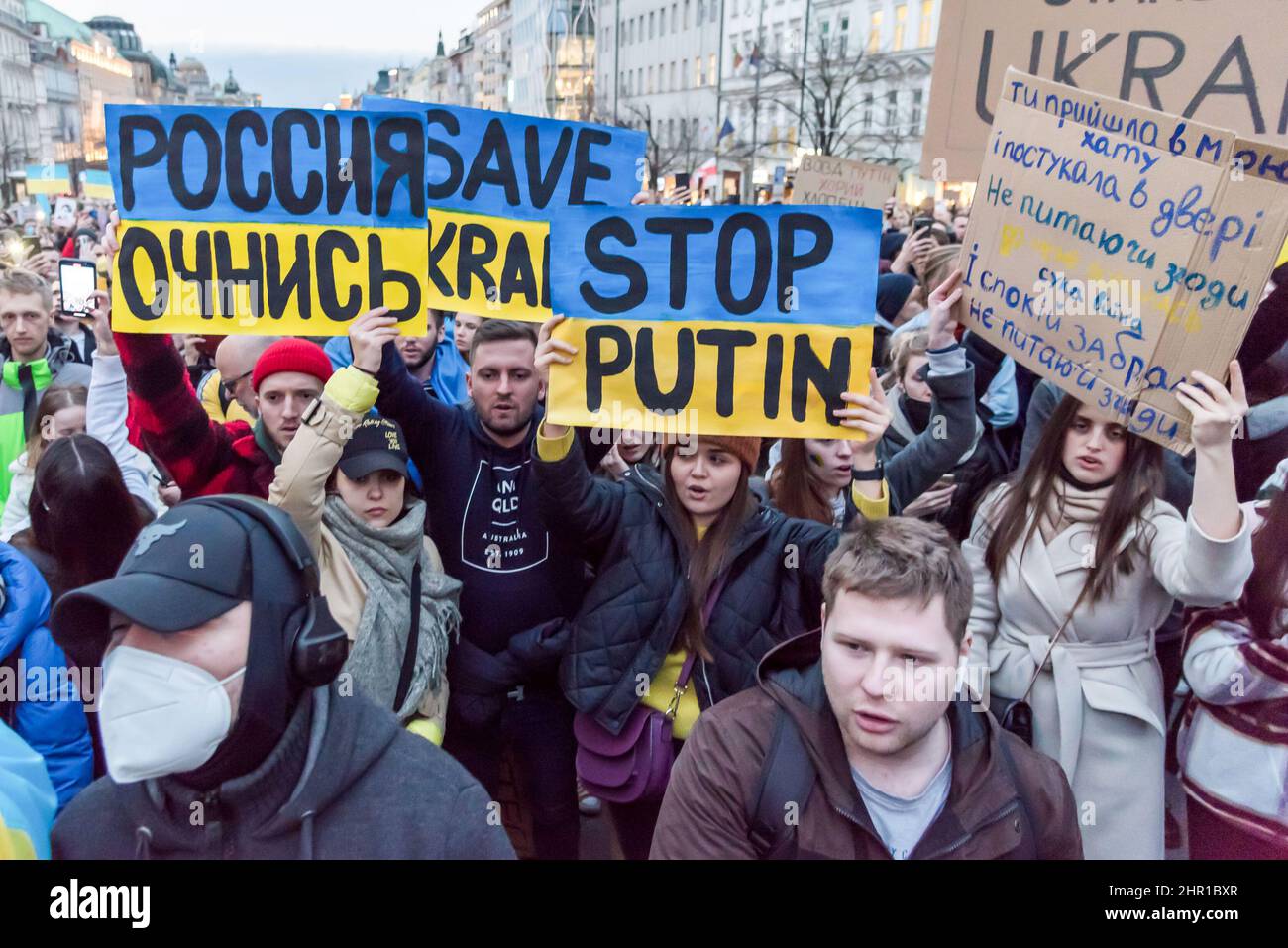 Prague, Czech Republic. 24th Feb, 2022. Protesters hold placards expressing their opinions during the demonstration. Several thousand demonstrators attended a rally in Prague to show support of Ukraine after Russian president Vladimir Putin authorized military operation in Ukraine. Credit: SOPA Images Limited/Alamy Live News Stock Photo