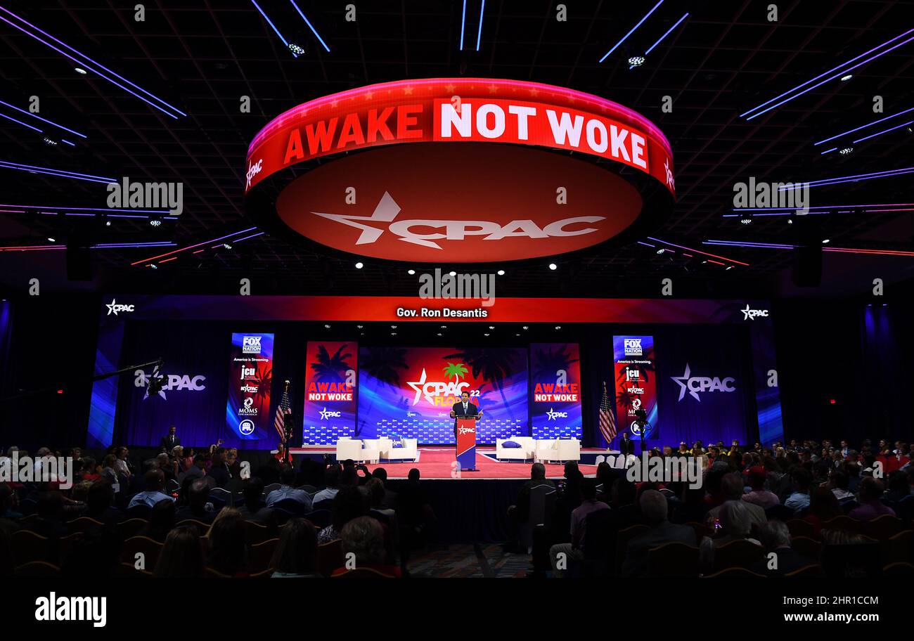 Orlando, United States. 24th Feb, 2022. Florida Republican Governor Ron DeSantis addresses attendees on day one of the 2022 Conservative Political Action Conference (CPAC) in Orlando. Former U.S. President Donald Trump is also scheduled to speak at the four-day gathering of conservatives. Credit: SOPA Images Limited/Alamy Live News Stock Photo