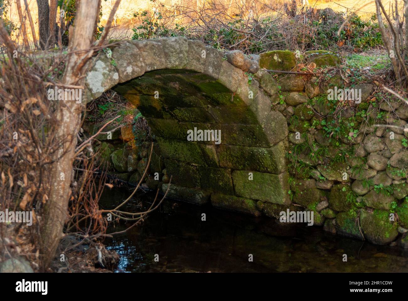 Ancient roman stone bridge with moss on the walls in autumn Stock Photo
