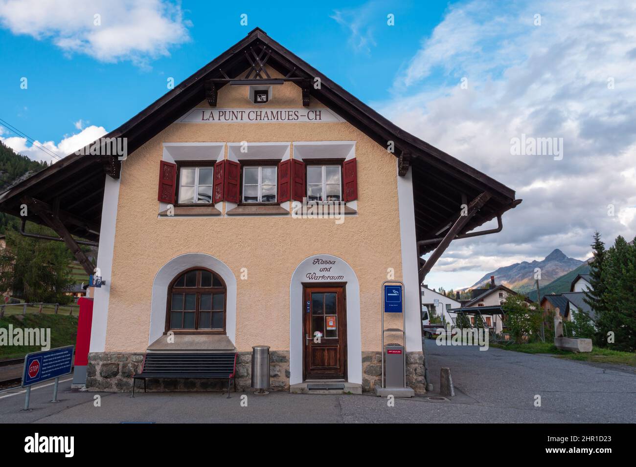 La Punt, Switzerland - September 29, 2021: A building of a local railway station at La Punt Chamues in swiss Engadine, canton Graubunden Stock Photo